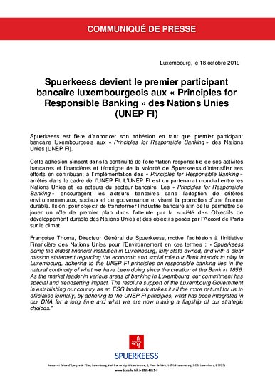 Spuerkeess devient le premier participant bancaire luxembourgeois aux « Principles for Responsible Banking » des Nations Unies (UNEP FI)