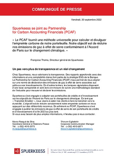Spuerkeess se joint au Partnership for Carbon Accounting Financials (PCAF)