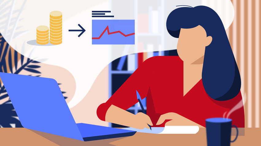 [Translate to Deutsch:] femme consulte ses comptes et investissements sur son laptop