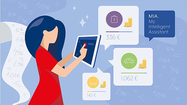 femme consulte ses dépenses sur sa tablette avec son assistant digital