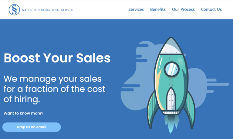 Le texte dit "Boostez vos ventes, nous gérons vos ventes pour une fraction du coût de l'embauche" et l'image d'une fusée est montrée.