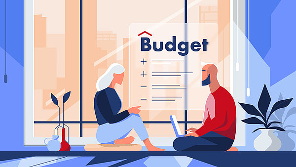Budget, well-being, Relaxed couple contemplating their finances