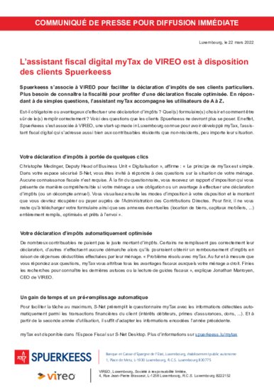 L'assistant fiscal digital my Tax de VIREO est à disposition des clients Spuerkeess (nur französische Fassung)