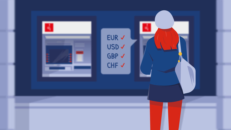 [Translate to Deutsch:] dame retire de l'argent en billets au distributeur bancomat de sa banque