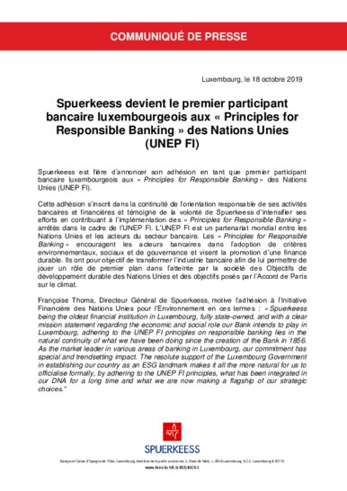 Spuerkeess wird Luxemburgs erste Bank die sich an den "Principles for Responsible Banking" (UNEP FI) der Vereinten Nationen beteiligt (nur französische Fassung)