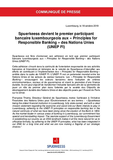 Spuerkeess becomes Luxembourg's first bank participant in the United Nations "Principles for Responsible Banking" (UNEP FI) (French version only)