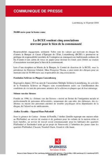 Die BCEE spendet 50.000 Euro an fünf gemeinnützige Organisationen (nur französische Fassung)