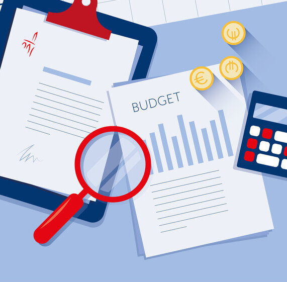 house with financing plan, magnifying glass and calculator