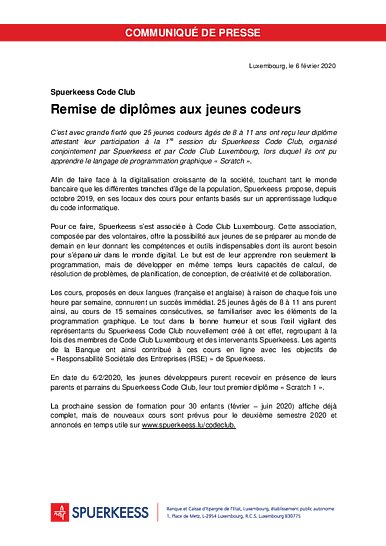 Spuerkeess Code Club : remise de diplômes aux jeunes codeurs