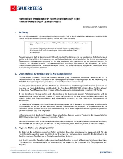 Richtlinie zur Integration von Nachhaltigkeitsrisiken in die Finanzdienstleistungen von Spuerkeess