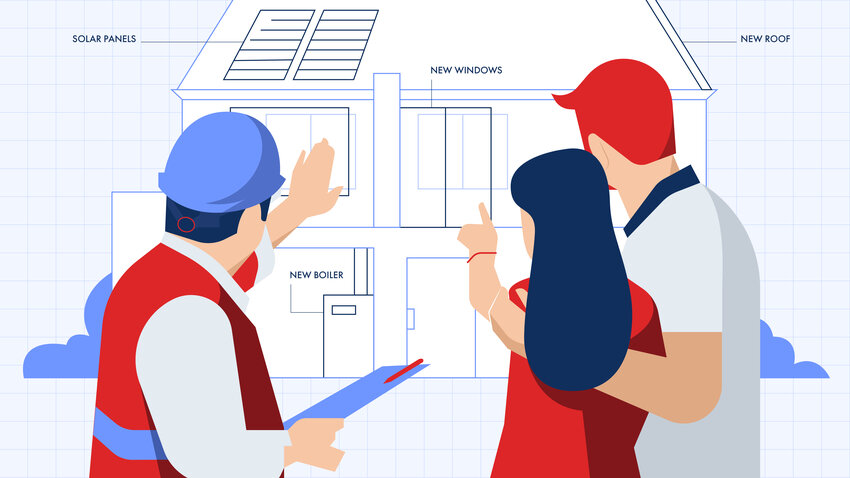 couple look at house plans with site manager