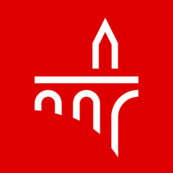Red logo with the image of the bridge and clock tower