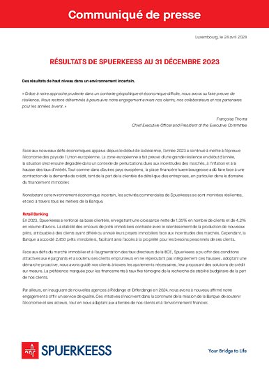 The Bank's result as at 31st December 2023 (French version only)