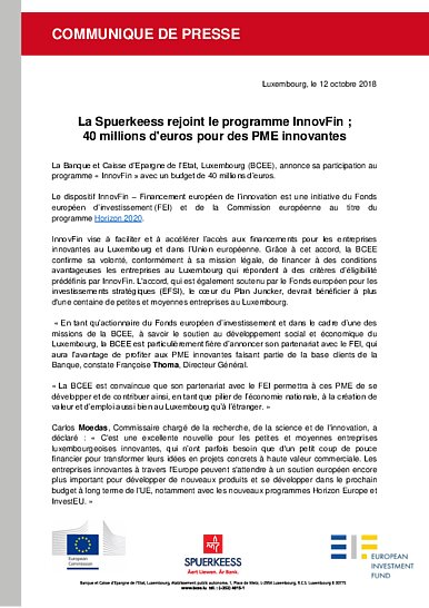 Spuerkeess joins the InnovFin programme: 40 million euros for innovative SMEs (French version only)