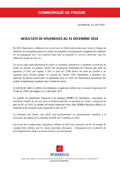 Résultats de la banque au 31 décembre 2018 (nur französische Fassung)