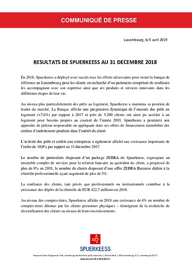 Résultats de la banque au 31 décembre 2018 (French version only)