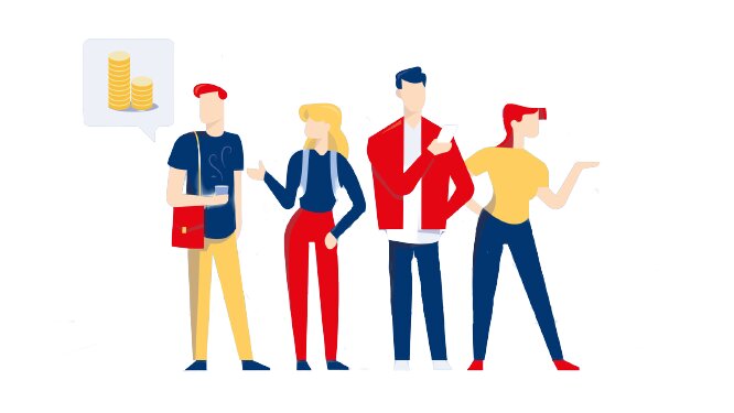 Quatre étudiants qui échangent sur la problématique de l'argent