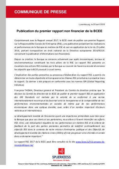 Publication du premier rapport non financier de la BCEE