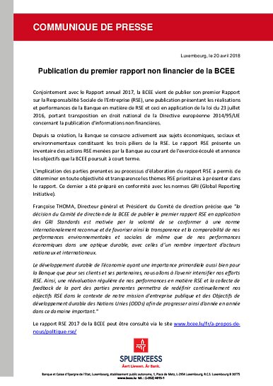 Publication du premier rapport non financier de la BCEE