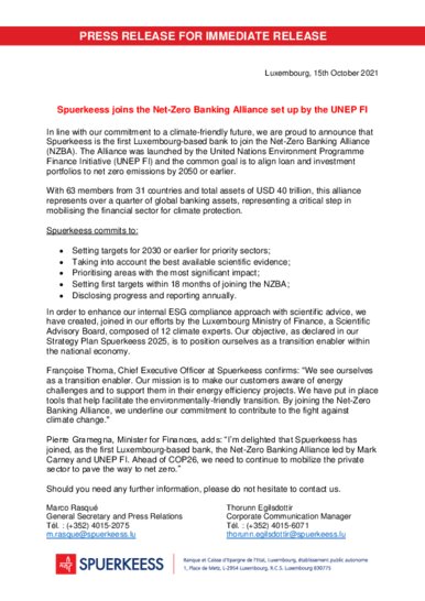 Spuerkeess tritt der Net-Zero Banking Alliance der UNEP FI bei (nur französische und englische Fassung)