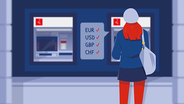 dame retire de l'argent en billets au distributeur bancomat de sa banque