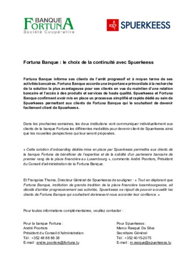Fortuna Bank: Eine Entscheidung der Kontinuität mit Spuerkeess (nur französische Fassung)