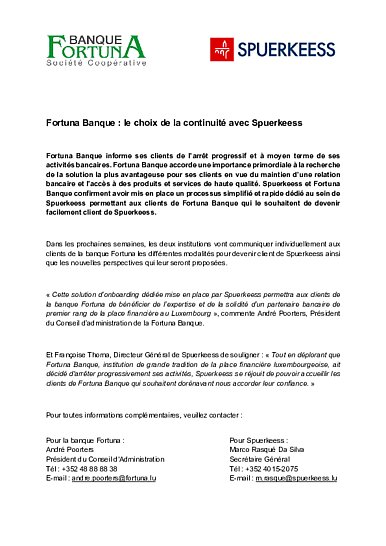 Fortuna Bank: the choice of continuity with Spuerkeess (French version only)