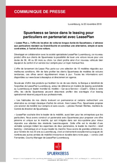 Spuerkeess se lance dans le leasing pour particuliers en partenariat avec LeasePlan (French version only)