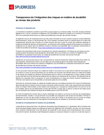 Transparenz der Integration von Nachhaltigkeitsrisiken auf Produktebene (nur französische Fassung)