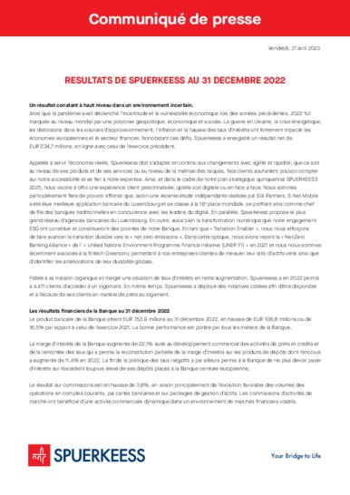 Ergebnis der Bank zum 31. Dezember 2022 (nur französische Fassung)