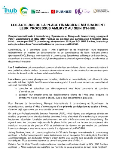 Financial centre players pool their AML/KYC processes within i-Hub (nur französische und englische Fassung)