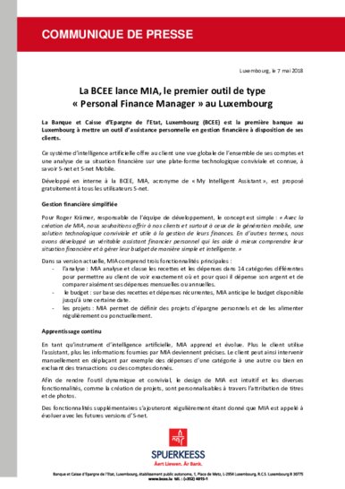 Die BCEE veröffentlicht MIA, das erste 'Personal Finance Manager'-Tool in Luxemburg (nur französische Fassung)