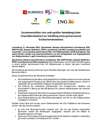 Zusammenschluss von sechs großen luxemburgischen Finanzdienstleistern zur Schaffung eines gemeinsamen Geldautomatennetzes