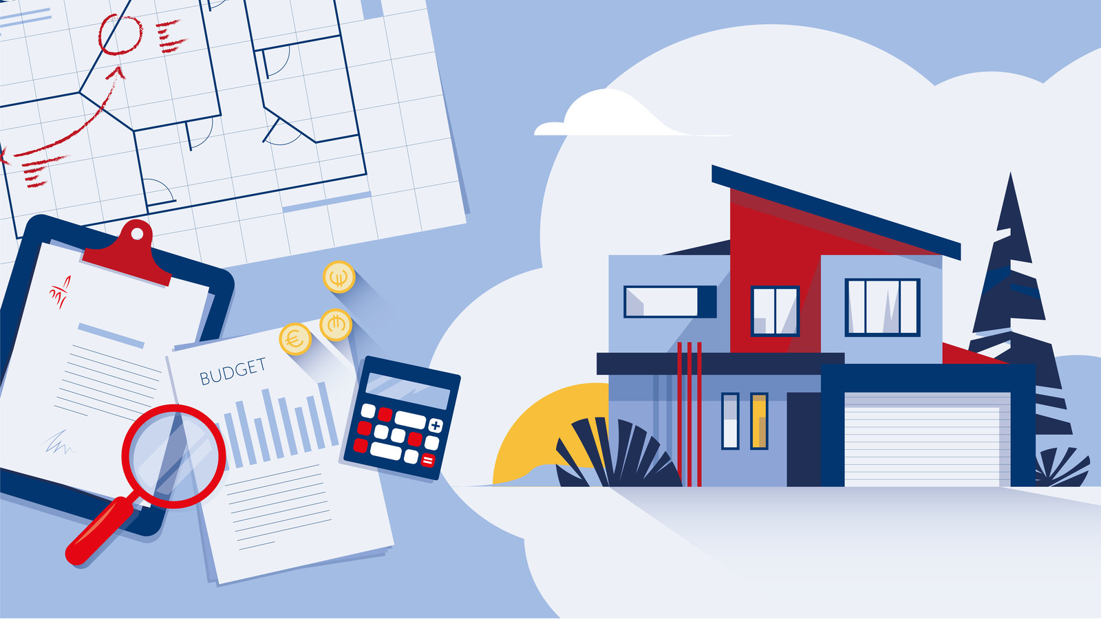 Haus mit Finanzierungsplan, Lupe und Taschenrechner