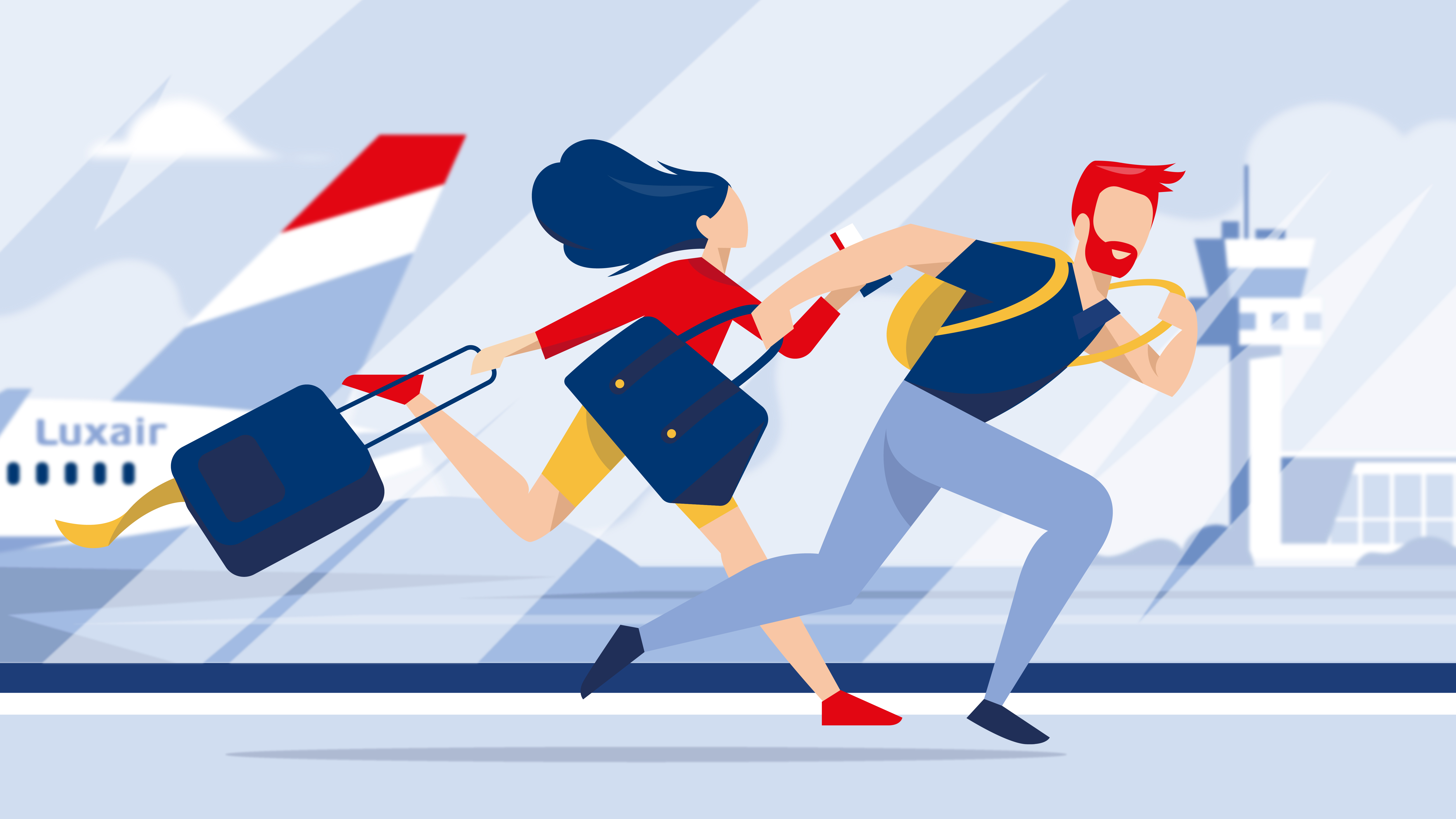 couple court à l'aéroport avec valises pour départ en vacances