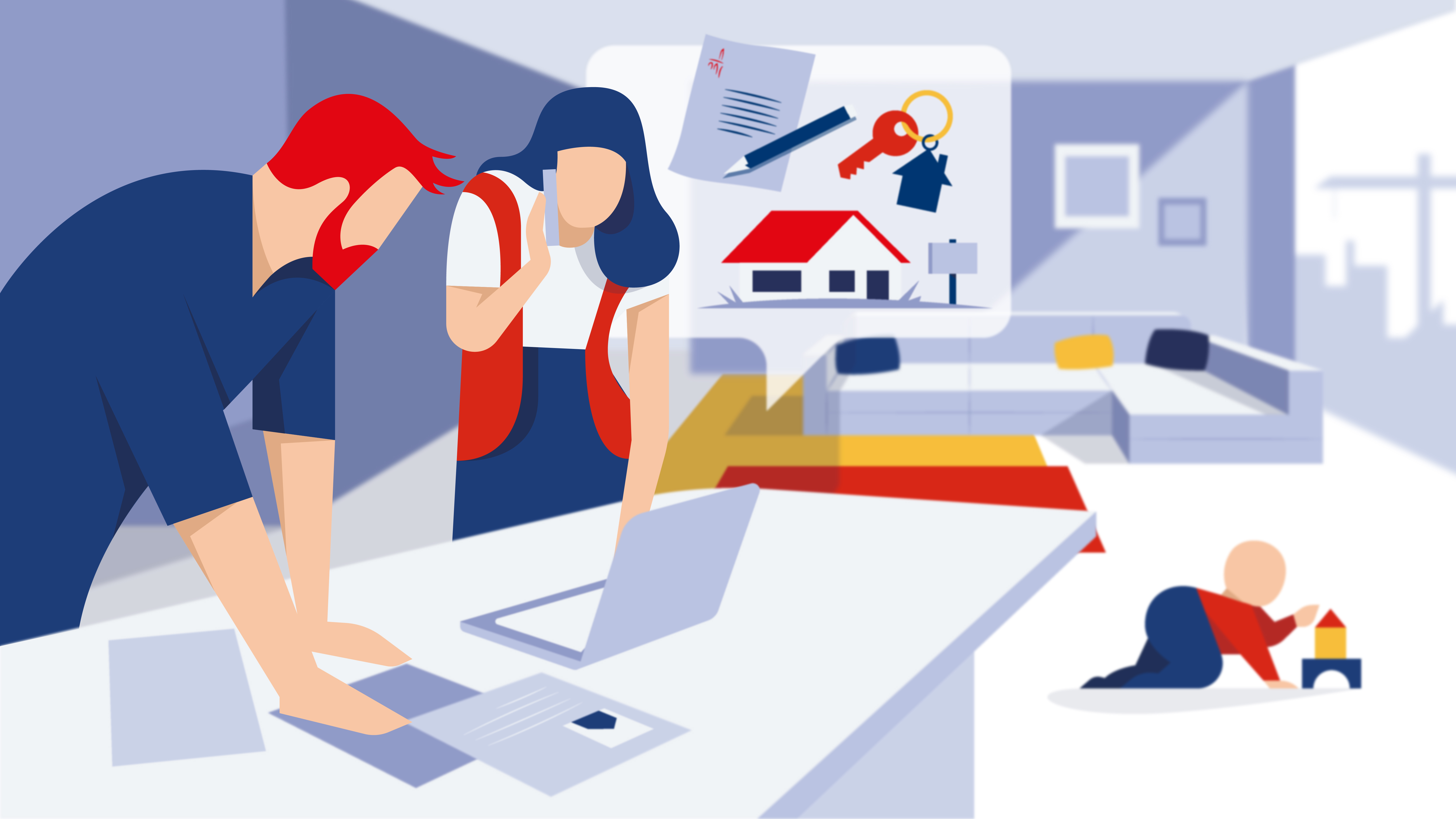 [Translate to Deutsch:] couple consulte ordinateur et téléphone au sujet de leur logement avec bébé en arrière-plan